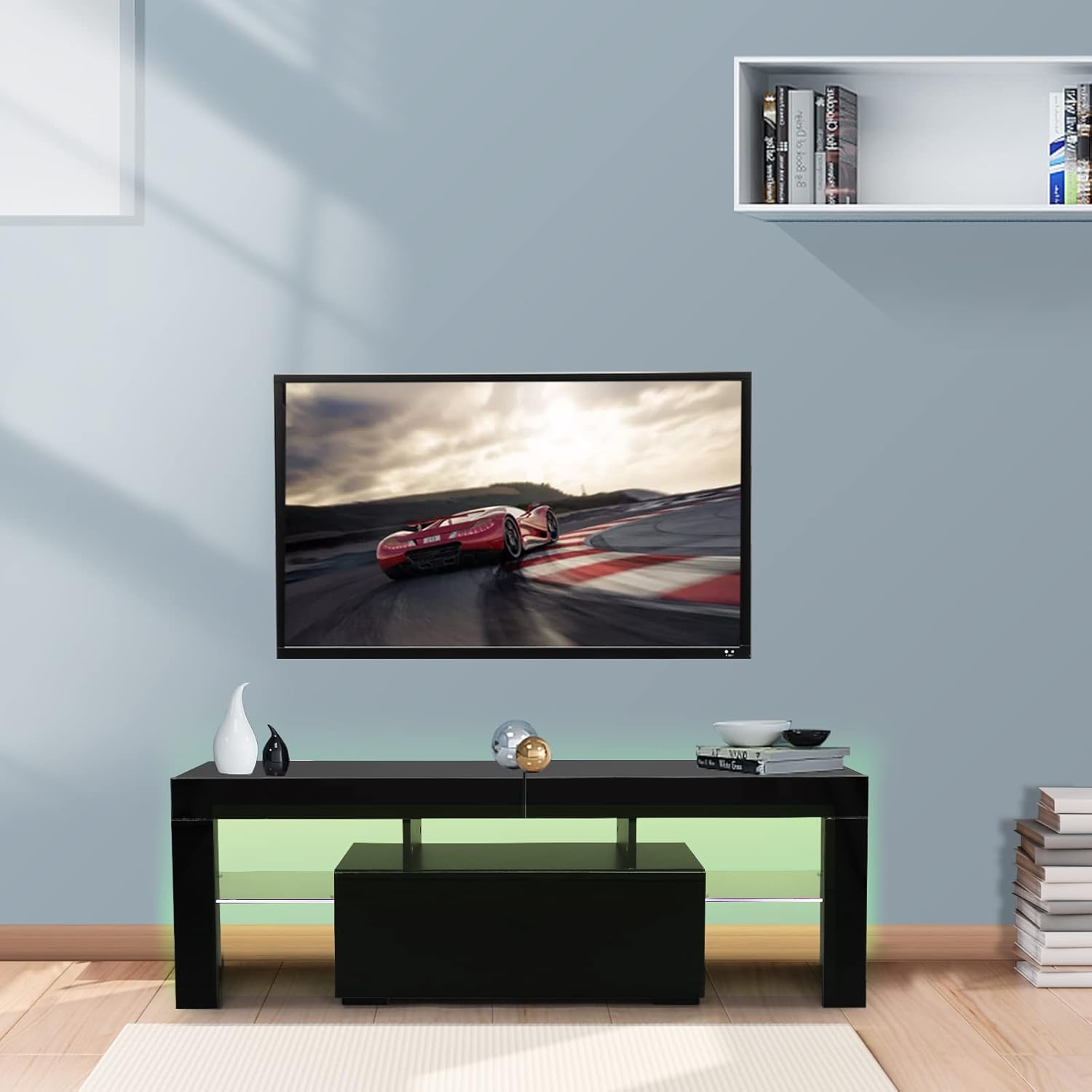 Bonnlo LED TV Stand for TVs Up to 55 Inch, Modern Entertainment Center with LED Lights and Storage for Living Room (Black, 51'' x 14'' x 18'')