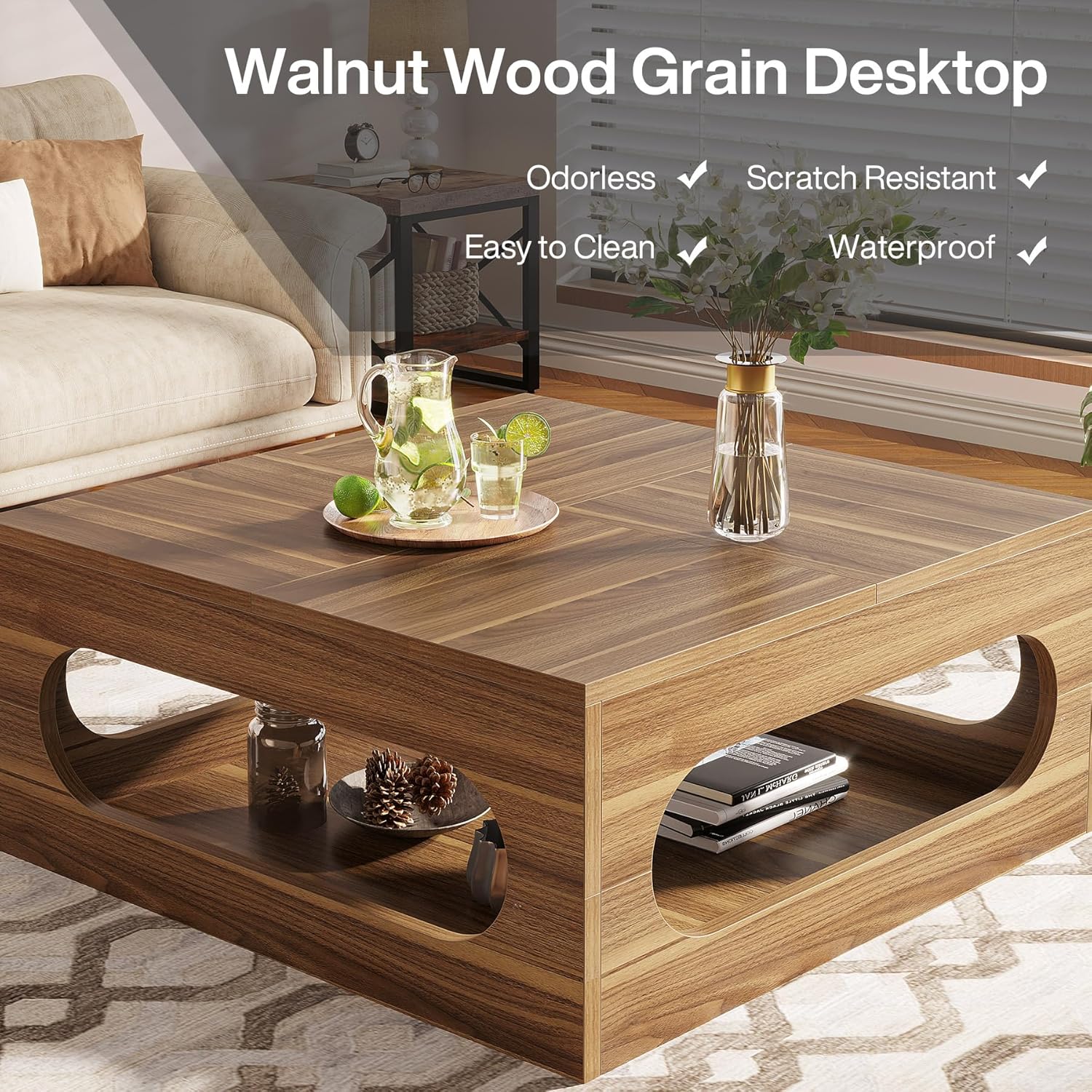 Tribesigns 43-Inch Coffee Table with LED Light, Square Coffee Table with Storage, Wood Cocktail Table, Farmhouse Center Table for Living Room Home Office, Brown