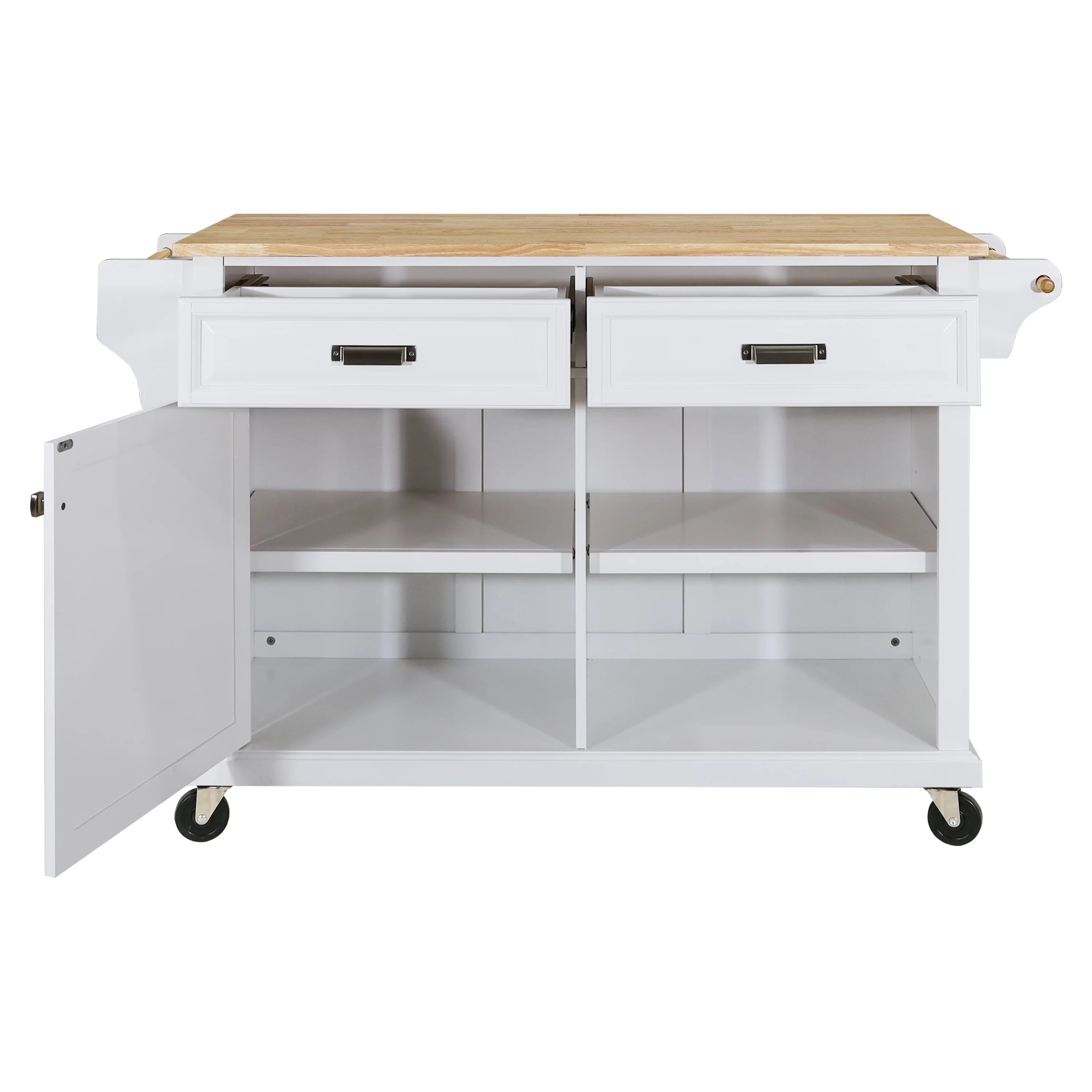Multi-Functional Storage Island Cart with Rubberwood Countertop and Drop-Leaf, Greenguard Gold Certified, Kitchen Island on Wheels with Large Storage Cabinet,2 Drawers,Spice Rack,Towel Holder, White