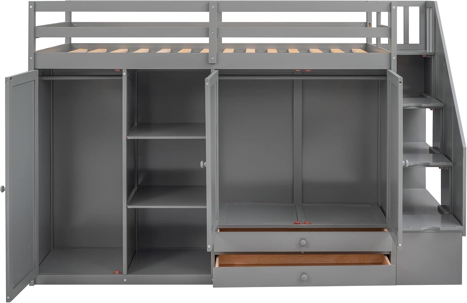 Twin Size Functional Loft Bed with 3 Shelves, 2 Wardrobes and 2 Drawers, Ladder w/Storage Stairway, Wooden Loft Bedframe, Space Saving Bedroom Furniture for Kids Teens, No Box Spring Required