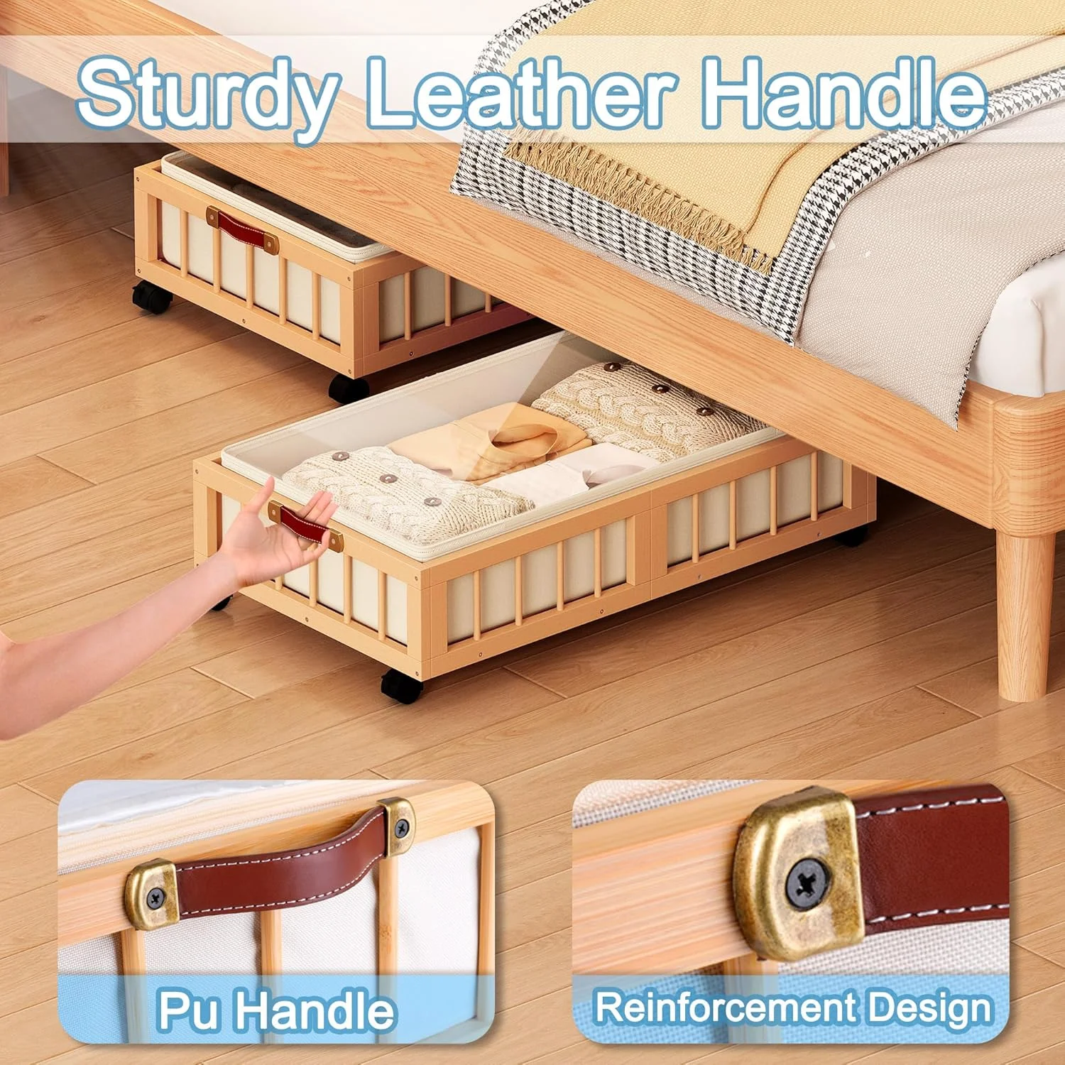 2-Pack Bamboo Under Bed Storage Containers with Wheels, Under Bed Clothes Storage Basket with Large Dust Bag, Rolling UnderBed Storage for Bedroom, Dorm and Basement, Nature