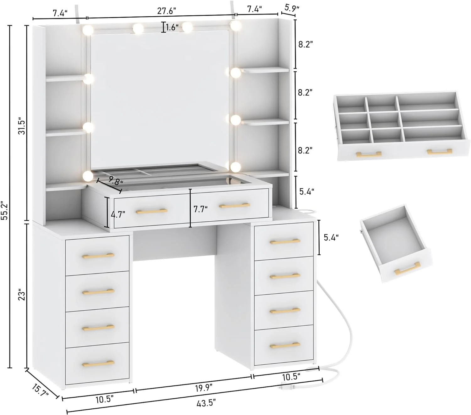 White Vanity Desk with Mirror & LED Lights, Glass Top Vanity Desk with Charging Station & Compartment Storage Drawers, 43" Large Makeup Vanity Table with 9 Drawers & 6 Shelves(White)