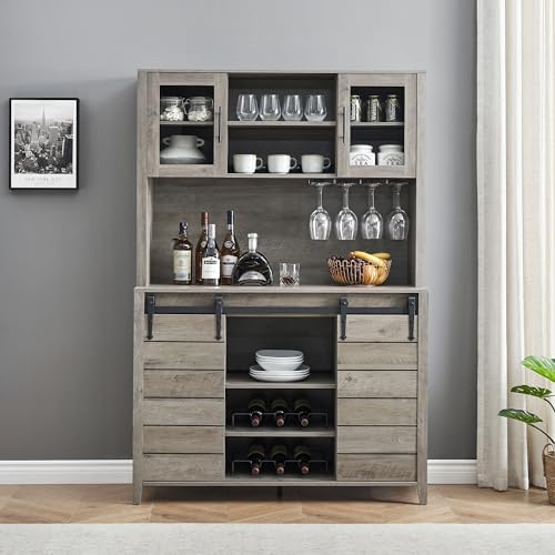 70" Farmhouse Coffee Bar Wine Cabinet with Sliding Barn Doors and Storage, Tall Kitchen Hutch with Wine & Glasses Rack, Pantry Cabinet for Kitchen, Dining Room, White