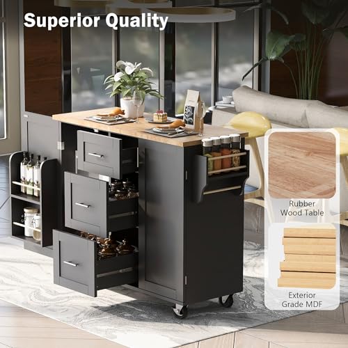Kitchen Island with Storage and 3 Drawers on Wheels,Rolling Kitchen Cart w/Rubber Wood Top and 2 Slide-Out Shelf,Spice Rack & Tower Rack,Grey Blue