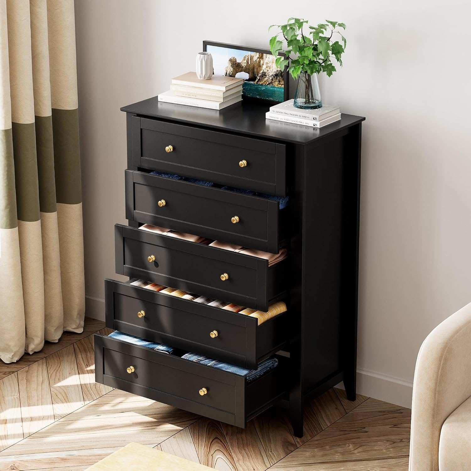 5 Drawer Dresser for Bedroom, Tall Dresser Closet Organizer, Wood Dresser with Deep Space & Metal Knobs, Modern Chests of Drawers for Entryway, Hallway, Black