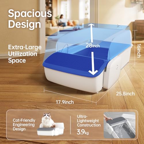 Self-Cleaning Automatic Cat Litter Box with Smart App Control, Open&Lightweight Design, Safe Anti-Pinch Protection, Patented Non-Stick Bottom,Tear-Resistant Rubber Liner with Eco Waste Bags