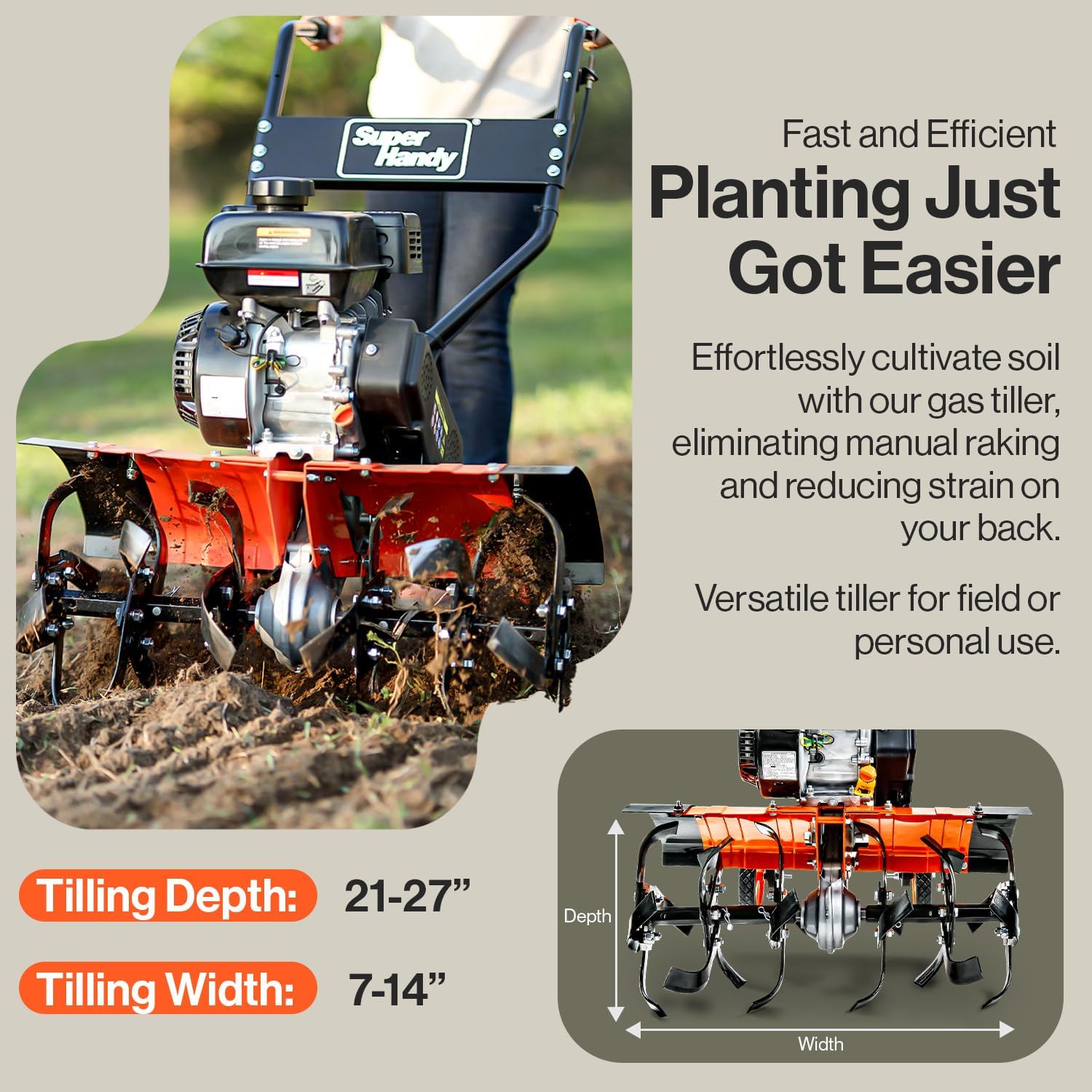 SuperHandy RotoTiller Cultivator 27” Inch Tilling Width 7HP 209cc 4 Stroke Gas Motor 6 Premium Steel Adjustable Forward Rotating Tines for Garden & Lawn, Digging, Weed Removal