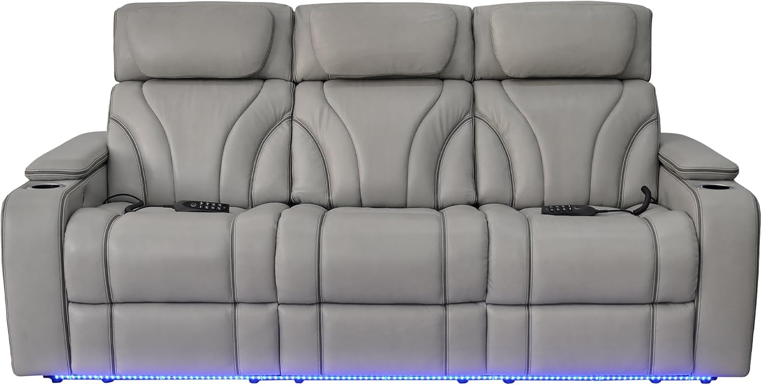 Armen Living Octavia Modern Zero Gravity Power Reclining Heated Massage Sofa, 86" Wide, Silver and Gray Top Grain Leather