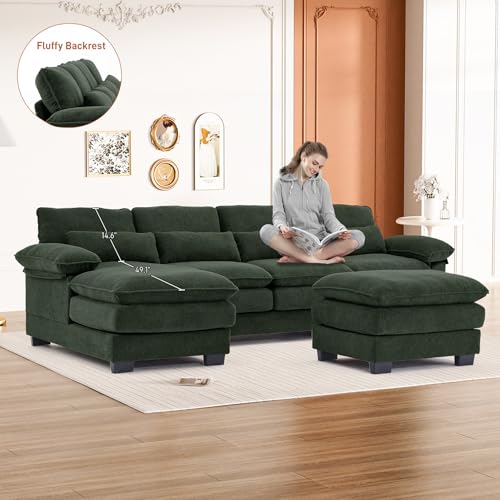 U Shaped Sectional Sofa Cloud Couch for Living Room, 114" Oversized Comfy Chenille Modular Deep Seat Sofa, Modern Large Fluffy 4-Seat Sofa with Lounge Chaise Pillows, Black