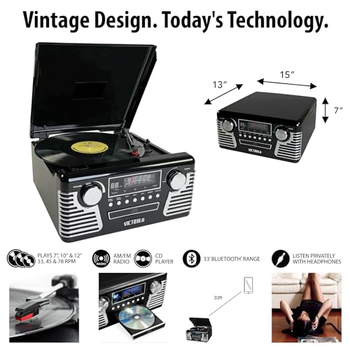 Victrola Haley Retro Bluetooth Record Player & Multimedia Center with Built-in Speakers - 3-Speed Turntable, CD Player, AM/FM Radio, 3.5mm Aux-In, Wireless Music Streaming, Black
