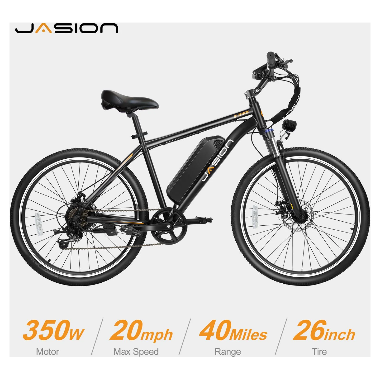 Jasion Electric Mountain Bike for Adults, 26" Tires, 350W Brushless Motor, 40 Miles Commuting Range, Front Fork Suspension, Shimano 7 Speed, EB5 Black