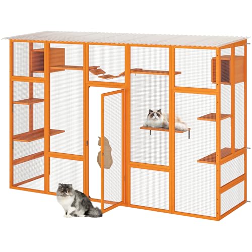 COZIWOW Catio Outdoor Cat Enclosure Window Catios for Indoor Cats Outside Patio Wooden Cattery with Large Door, Walks, Waterproof Roof, Resting Box, 104" L Extra Wide, Orange