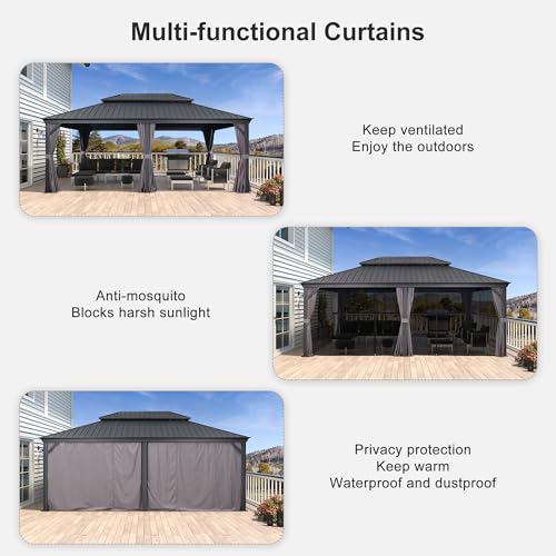 PURPLE LEAF 10' X 14' Permanent Hardtop Gazebo Aluminum Gazebo with Galvanized Steel Double Roof for Patio Lawn and Garden, Curtains and Netting Included, Grey