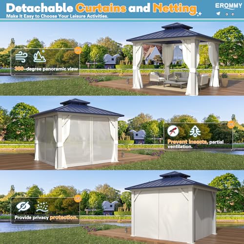 EROMMY 14'x20' Hardtop Gazebo Double Roof Galvanized Steel Canopy Outdoor Aluminum Frame Permanent Metal Pavilion with Netting and Curtains for Patio Backyard Deck and Lawns