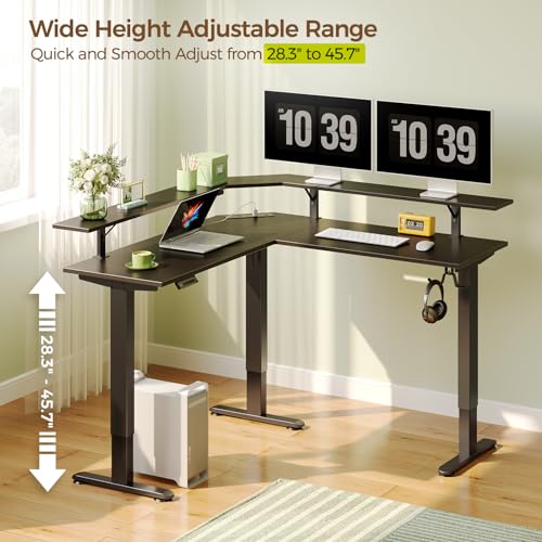 Rolanstar Standing Desk L Shaped with LED Light and Power Outlet, Electric Height Adjustable Desk with Monitor Stand, Sit Stand Up Desk, Computer Office Desk, Black