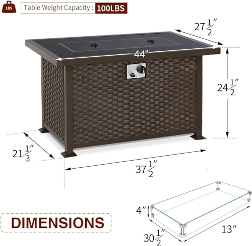 U-MAX 44in Outdoor Propane Gas Fire Pit Table, 50,000 BTU Auto-Ignition Gas Firepit with Glass Wind Guard, Black Tempered Glass Tabletop & Blue Glass Rock, Brown PE Rattan, CSA Certification