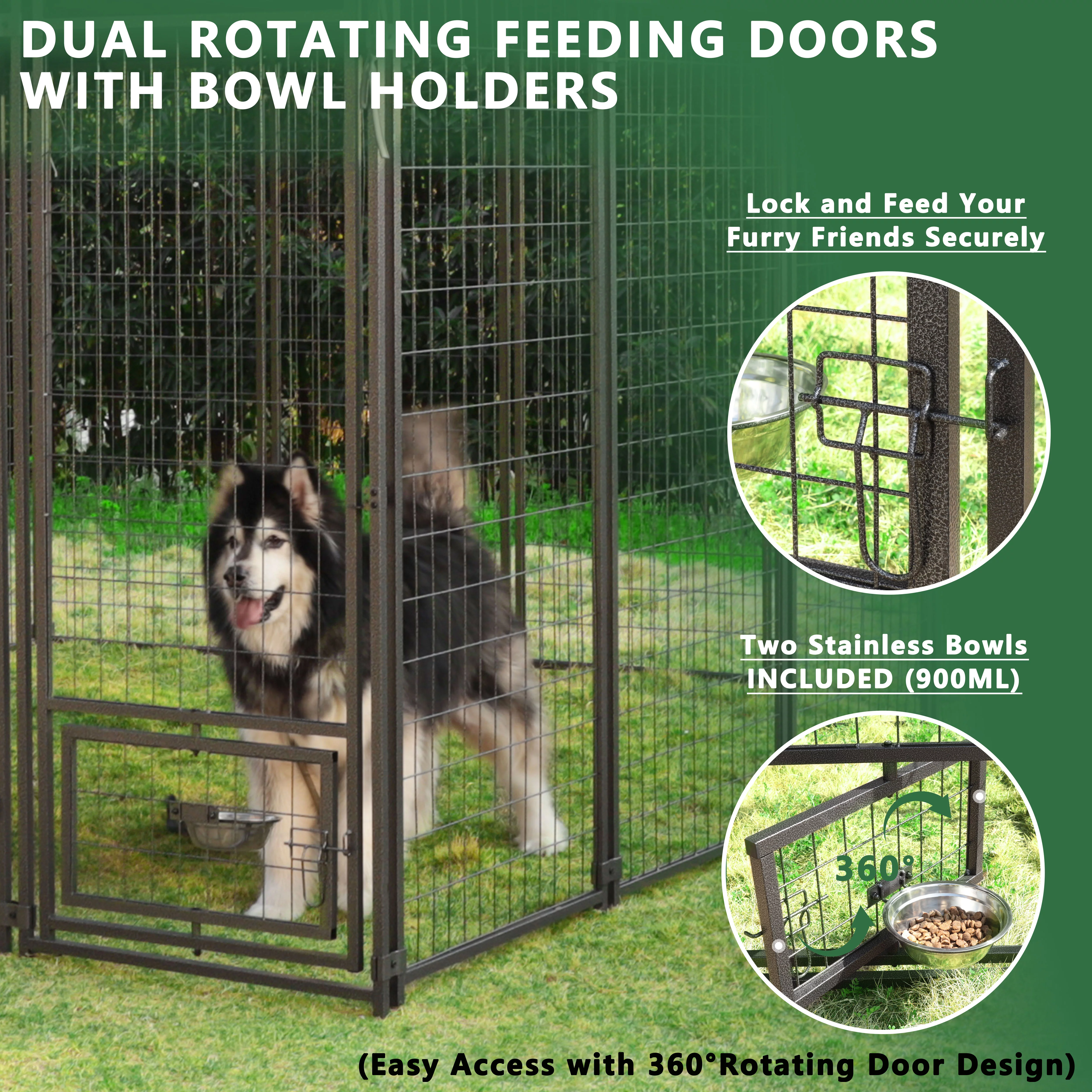 VEIKOUS 10x10 ft Outdoor Large Dog Kennel w/ Waterproof Canopy & 2 Bowls, Oversized Dog Crates for Yard, Lawn, Gray