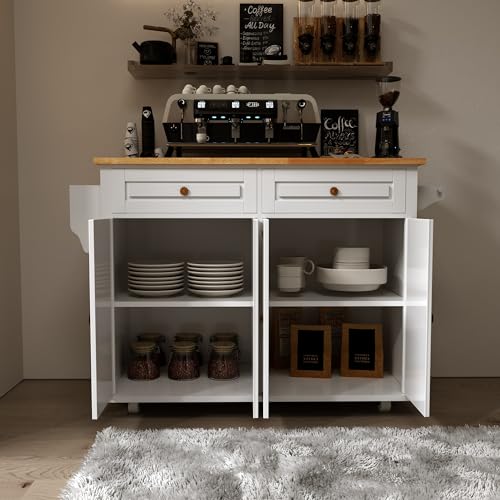 Rolling Kitchen Island with Drop Leaf, Mobile Kitchen Carts on Wheel with Storage Cabinet, Drop Leaf Island Table for Kitchen with Towel Rack and Drawer, White