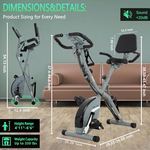 BARWING Stationary Exercise Bike for Home Workout, 5 IN 1 Foldable Indoor Cycling Bike for Seniors, 350LB Capacity, 16-Level Magnetic Resistance, Seat Backrest Adjustments