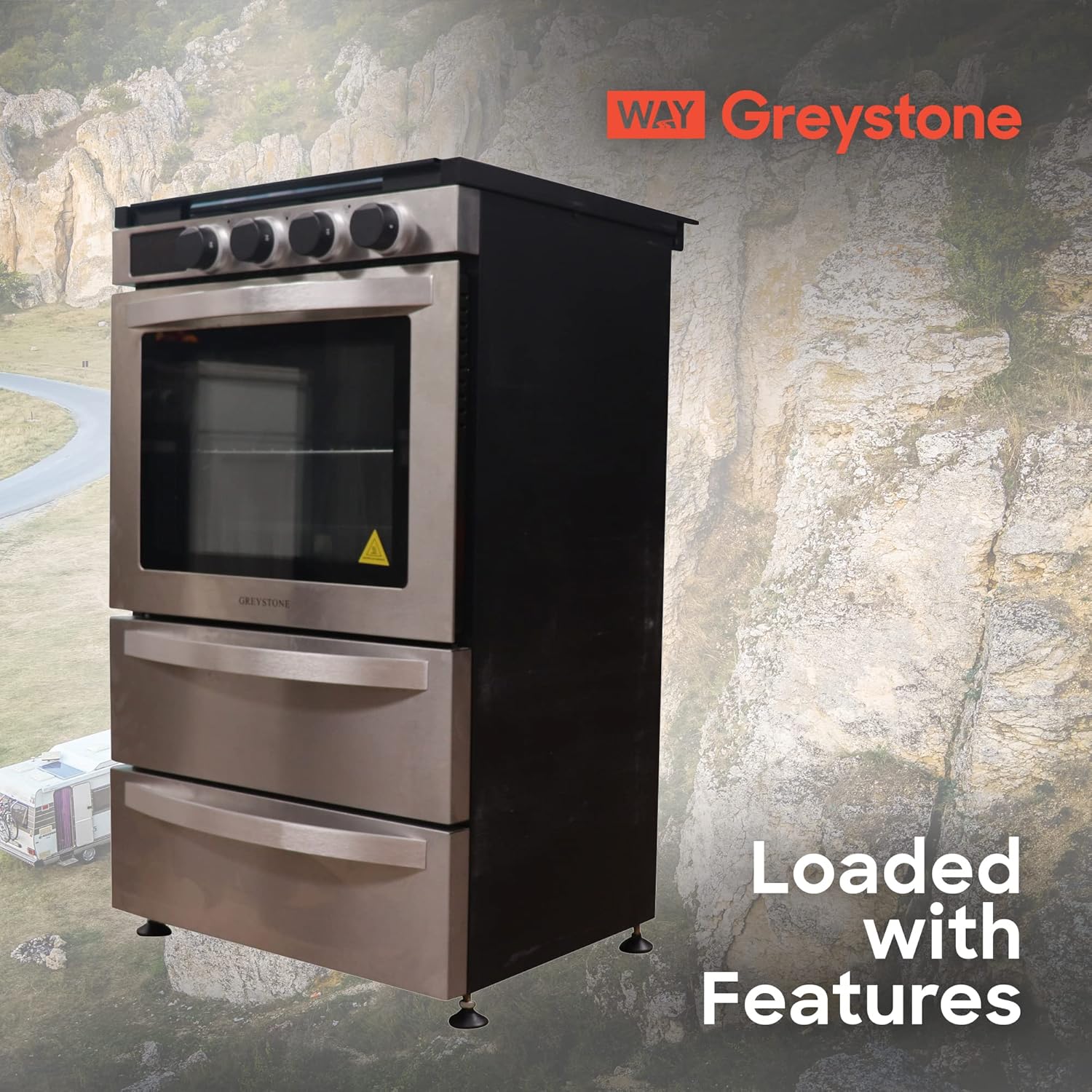 Greystone, 21 Inch Freestanding RV Gas Range, Stove and Oven Combo, 12 Volt, LP, 3 Burners, Stainless Steel