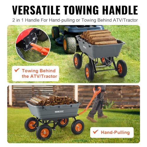 VEVOR 1200lbs 7Cu.Ft. Garden Dump Cart with 2-in-1 Convertible Handle and 13in All Terrain Wheels, Heavy Duty Poly Yard Dump Wagon Utility ATV Trailer Dump Cart Tow Behind for Lawn Mower Tractor