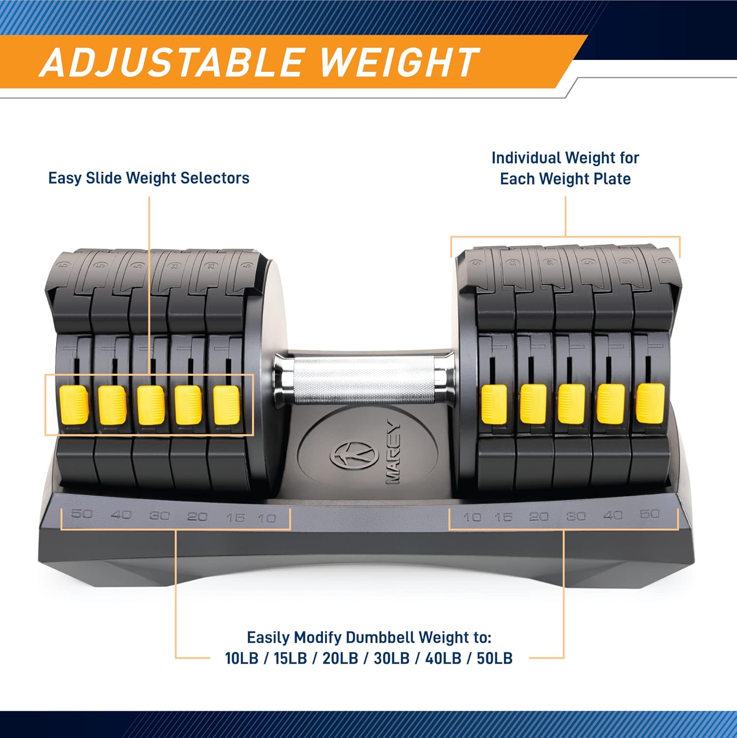 Marcy Adjustable Dumbbell System 6 Dumbbells-in-1 up to 50lbs, Single - ADDB-6198