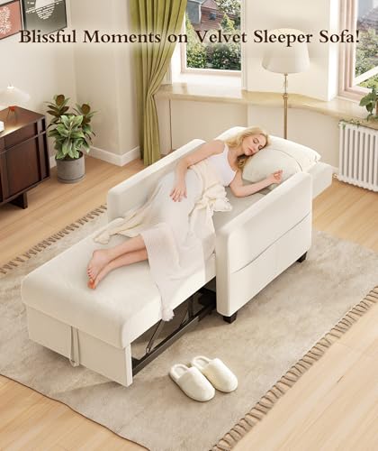 Sleeper Sofa Chair, 3 in 1 Convertible Sleeper Chair with Adjustable Backrest, 32" Pull Out Couch Bed 400lbs Support, Comfy Velvet Small Sofa Bed for Small Space with Pillow & 2 Pockets, Blue
