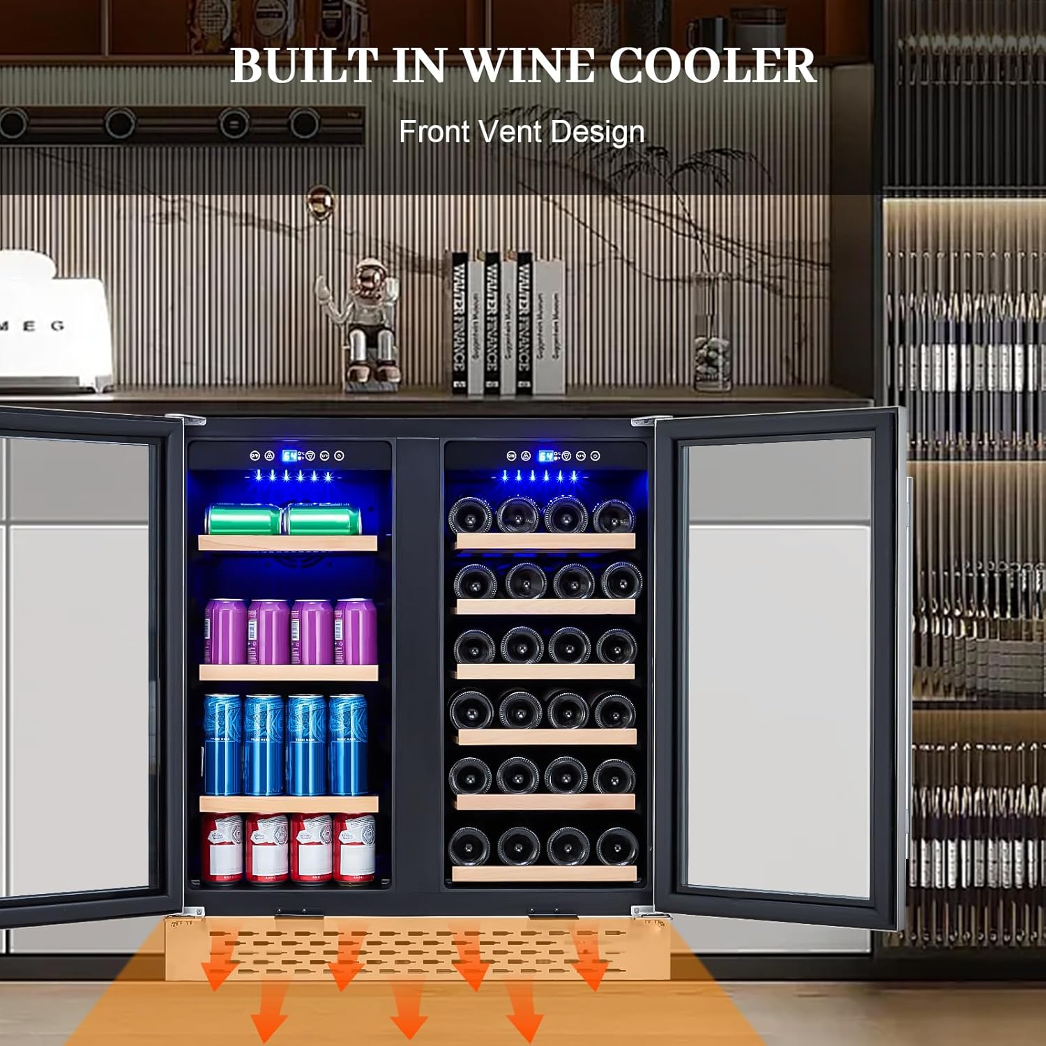 Wine and Beverage Refrigerator - 28 Bottles and 80 Cans, Dual Zone, Glass Door, Adjustable Shelves, with Lock, Digital Temperature Control, Freestanding/Built-in