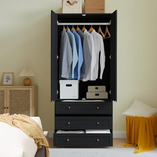 Wardrobe Closet Armoire, 71 "Wardrobe Armoire Wooden Closet with 3 Drawers, 2 Doors Household Freestanding Wooden Closet Storage Cabinet for Bedroom (Black)