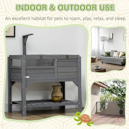 PawHut Tortoise Habitat with Shelf Storage, Tortoise Enclosure with Weather Protection, Tortoise Gift Accessory, Reptile Enclosure with Tray, Light Support Frame, Gray