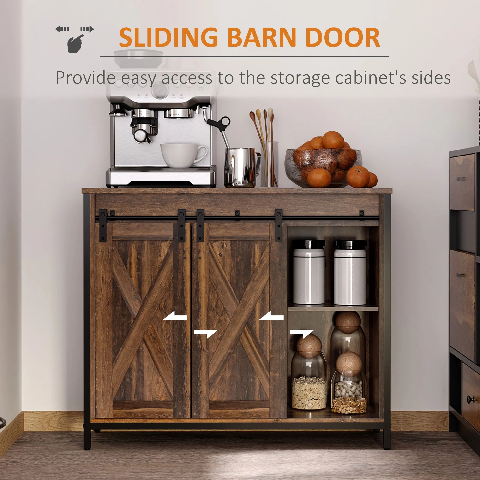 HOMCOM Industrial Sideboard, Buffet Cabinet with Sliding Barn Doors, Storage Cabinets and Adjustable Shelves for Living Room, Kitchen, Home Bar, Rustic Brown