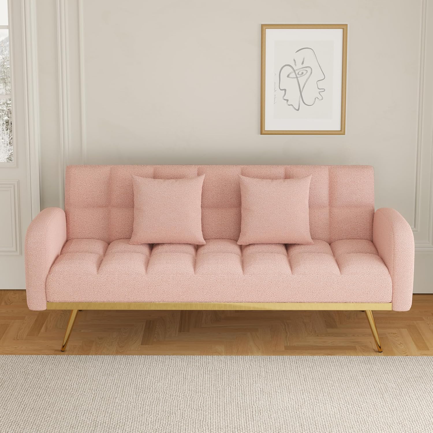 Pink Convertible Sleeper Loveseat Sofa 2-in-1 Adjustable Bed Futon Recliner with 2 Throw Pillows for Living Room Abstract Beach Modern Contemporary Solid Fabric Wood