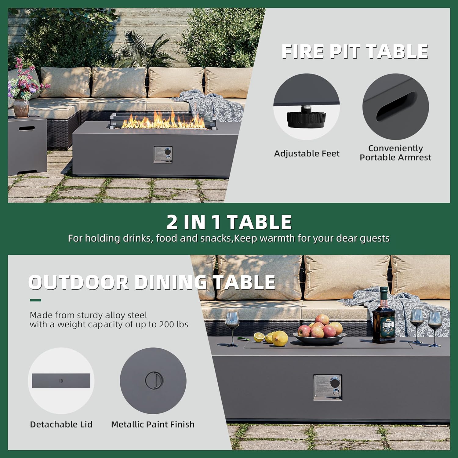 56-inch Outdoor Propane Gas Fire Pit Table 50000 BTU Iron Rectangle Fire pit for Outside Patio with Propane Tank Cover, Wind Guard, Removable Lid, Lava Rocks, Rain Cover, Grey