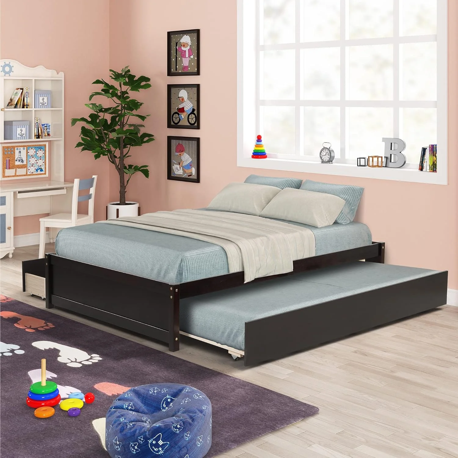 Wood Platform Bed Frame, Full Bed With Trundle And Drawers, Trundle Platform Bed Full Size, Captain Bed With Pull Out Trundle And Storage For Kids Teens And Adults Espresso