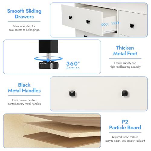 6 Drawer White Wood Dresser with Charging Station, Led Modern Large Dresser for Bedroom, Storage Dresser Chest of Drawers