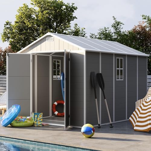 UDPATIO Outdoor Storage Shed 6 x 6 FT, Resin Garden Sheds with Floor Plastic Patio Outdoor Storage Shed with Lockable Door for Tool, Bike, Garbage Gray White