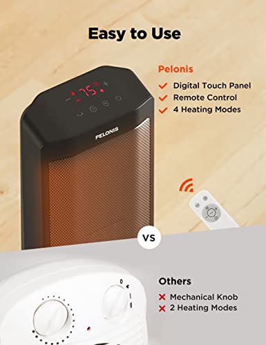 PELONIS 23” Oscillating Ceramic Tower Space Heater with Remote & Thermostat, Electric Energy Efficient Floor Heater for Indoor Use Large Room Safe with Timer, ECO Mode, 1500W, White