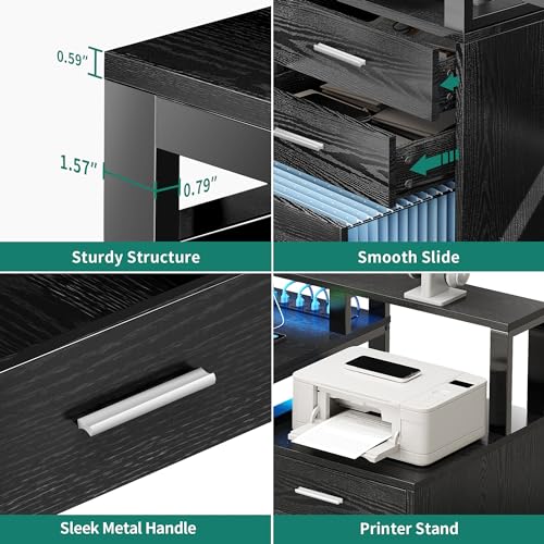 DWVO L Shaped Desk with Power Outlets & LED Lights, 65" Computer Desk with Drawers, Corner Desk Office Desk with File Cabinet & Printer Stand, Black