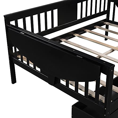 Twin Size Wooden Extendable Daybed with Trundle and 2 Storage Drawers, Platform Day bed with Wood Slat Support, for Bedroom, Living Room, No Spring Box Needed, Easy Assemble
