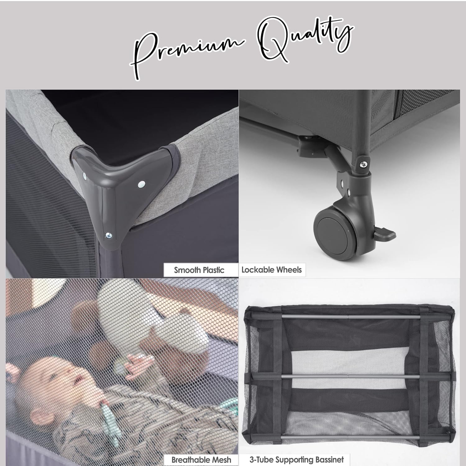 Baby Bassinet Bedside Bassinet Sleeper, 5-in-1 Pack and Play with Full-Size Bassinet,Baby Playard with Changing Table,Storage Shelf,Music Mobile with Soft Toys for Newborn to Toddlers (Grey)