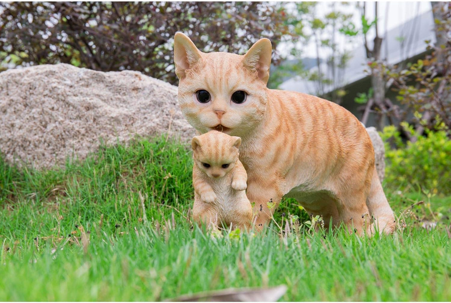 16.75" Tabby Mother Cat Carrying Kitten Outdoor Garden Statue