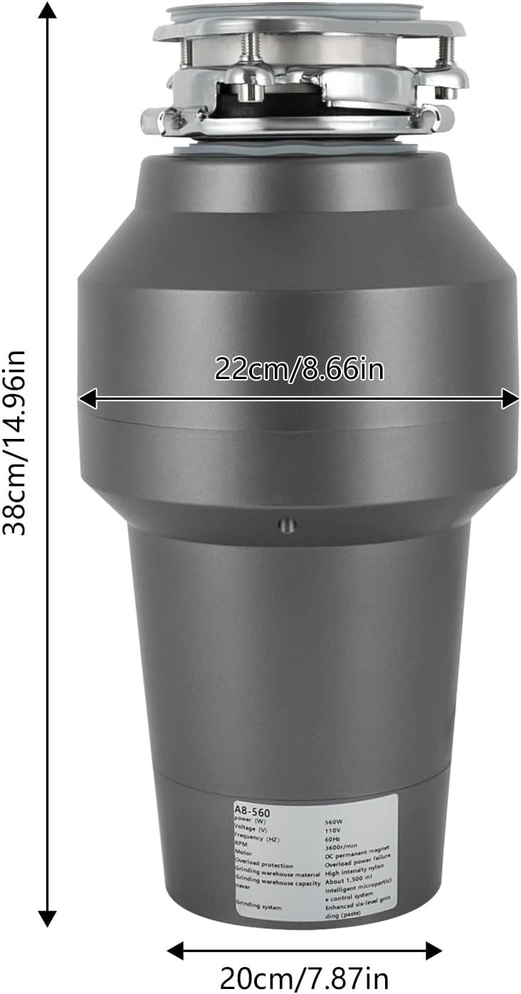 Garbage Disposal with Power Cord, 3600RPM Stainless Steel Food Waste Disposer with 1.27Qt Large Capacity Grinding Chamber for Kitchen Sink, 1/2 HP Standard, 65dB