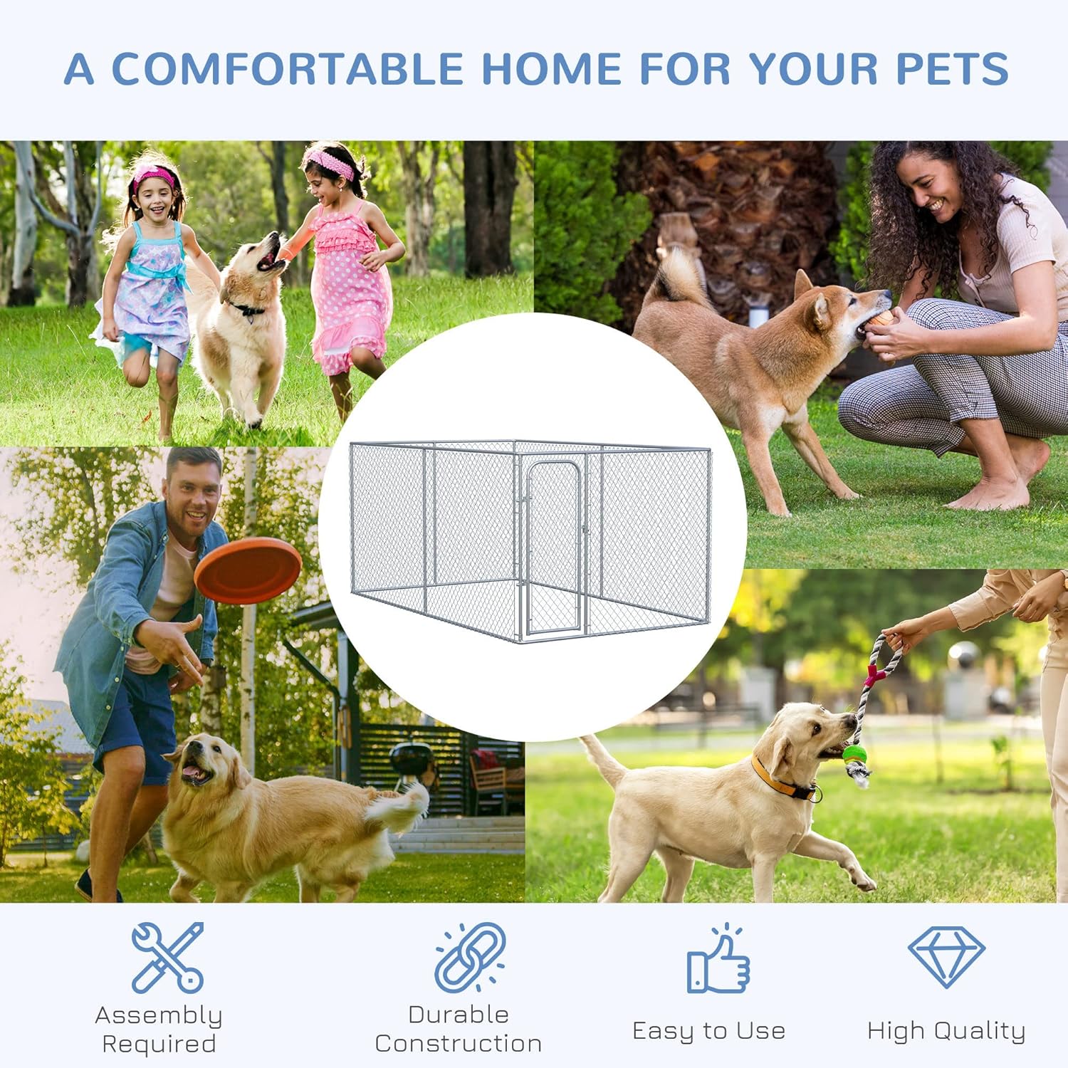 PawHut Large Dog Kennel Outside, Heavy Duty Dog Cage, Outdoor Fence Dog Run with Galvanized Chain Link, Secure Lock, 13.1' x 7.5' x 6'