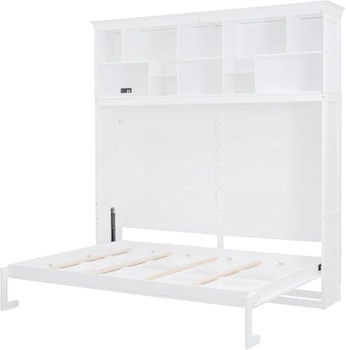 MERITLINE Queen Horizontal Murphy Bed Cabinet with Storage Bookcase Shelves and Charging Station,Wood Folding Grey Murphy Wall Bed for Adult