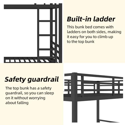 Twin XL Over Twin XL Bunk Bed, Metal Bunk Bed Frame Heavy Duty Bunk Beds Loft Bed Frame with Ladder and Guardrail Metal Slats No Box Spring Required for Adults Teens, Black