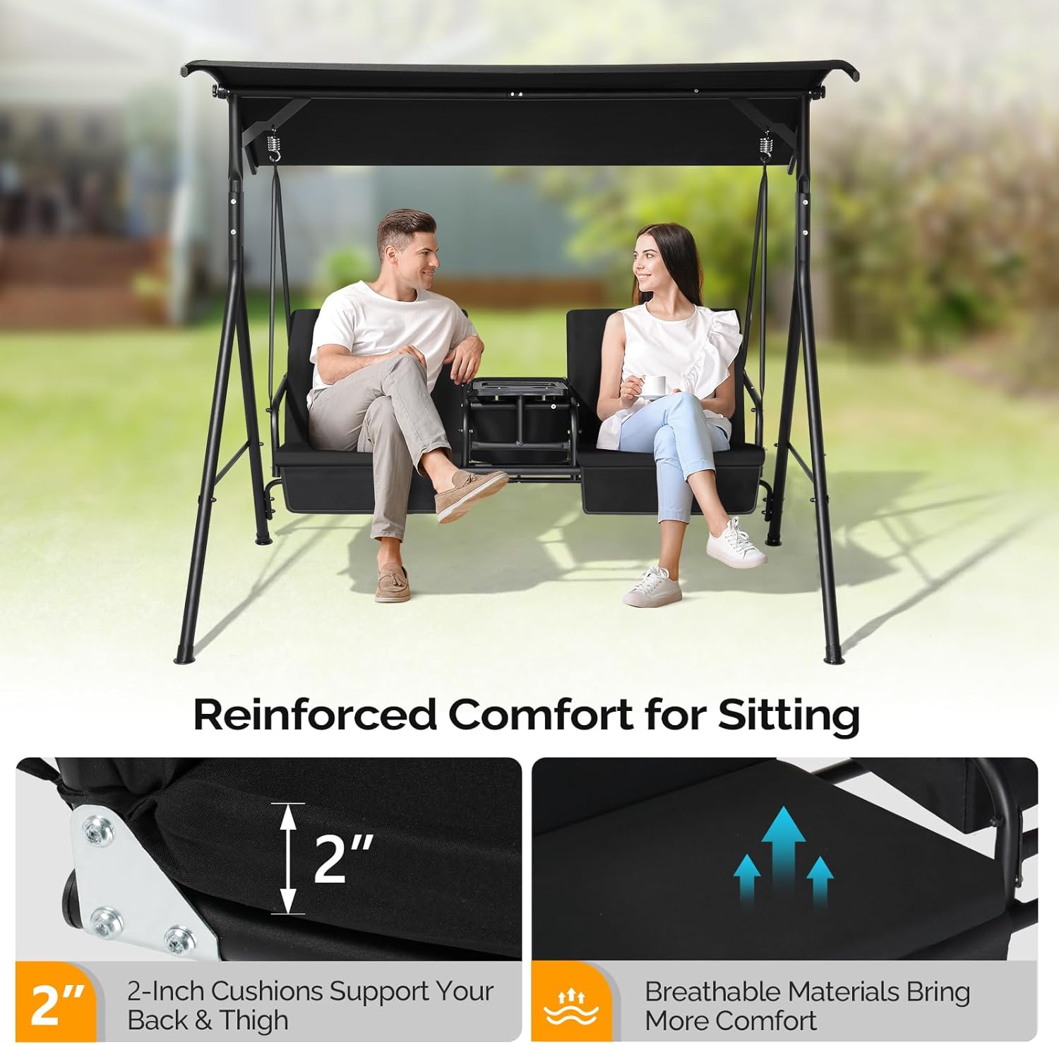 VINGLI Outdoor Porch Swing with Canopy, Heavy Duty 550 LBS Canopy Swing with Cup Holder & Ice Bag & Cushions for Yard, Pool, Lawn, Indoors, Black