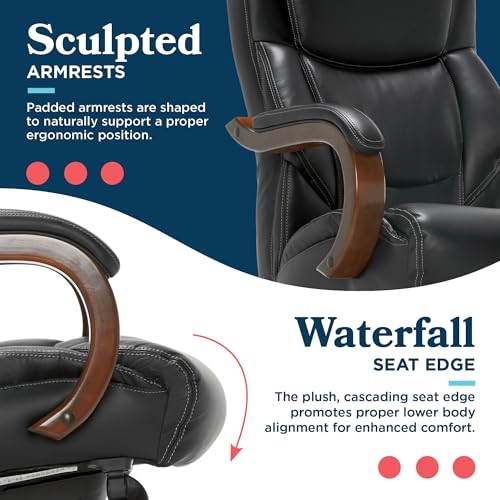 La-Z-Boy Delano Big & Tall Executive Office Chair, Ergonomic Mid-Back Body Pillow Lumbar Support, ComfortCore Memory Foam Cushion, Mahogany Wood Arms & Swivel Base, Bonded Leather, Chestnut Brown