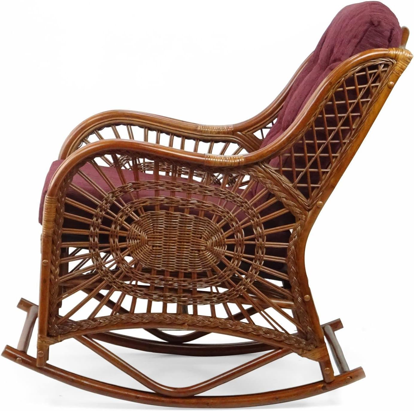 Wickerix Malibu Handmade Natural Rattan Living Room Set of 2 Rocking Lounge Chairs with Dark Brown Cushions and Round Coffee Table with Glass Colonial (Light Brown Color)