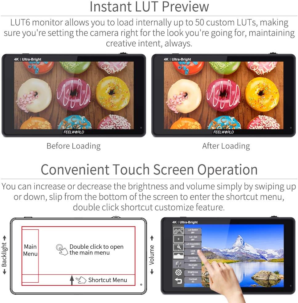 FEELWORLD LUT6 6 Inch 2600nits HDR 3D LUT Touch Screen DSLR Camera Field Monitor with Waveform VectorScope Histogram 4K HDMI Input Output 1920X1080