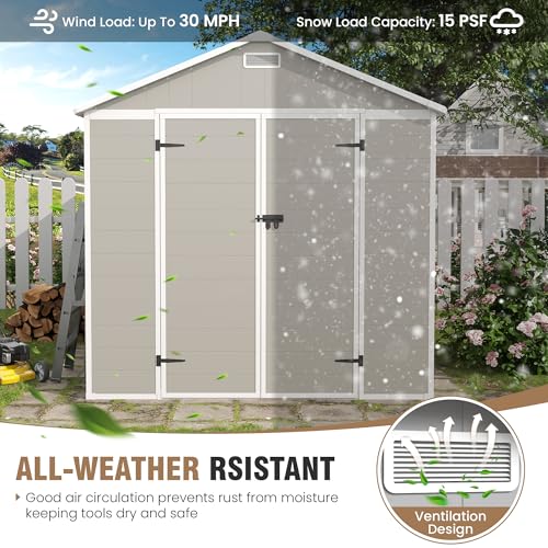 Outdoor Storage Shed, 6x6 FT Resin Shed with Floor and Lockable Door, Window, Vents, Tool Sheds and Outdoor Storage for Bike, Garden Accessories, Tools, Waterproof (Grey & White)